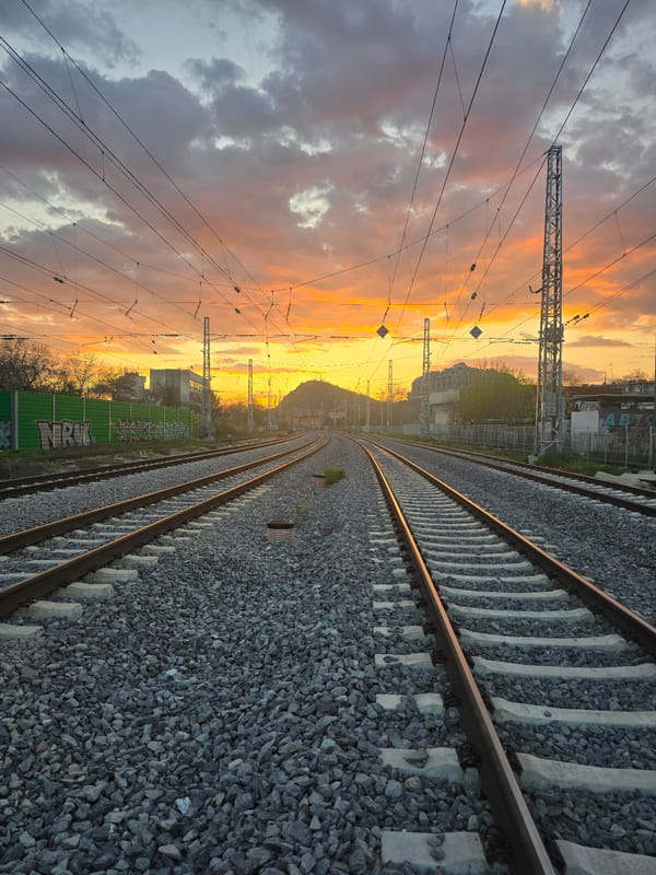 Railway tracks observed at sunset in Plovdiv, Bulgaria