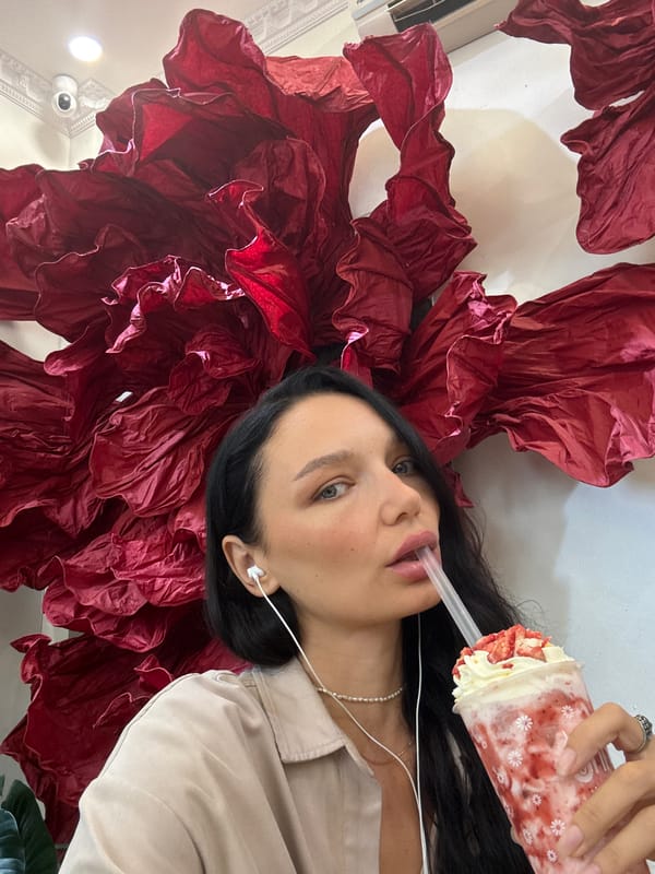 Strawberry milkshake and a dried flower, up close