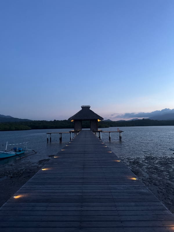 Woman documents sunset visit to wooden pier in Gerokgak, Indonesia