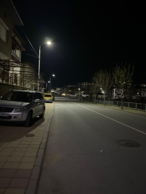 Evening street scene captured in Zlatograd, Bulgaria