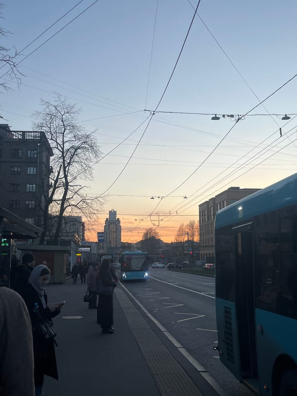 Street scene photographed from moving vehicle in Saint Petersburg