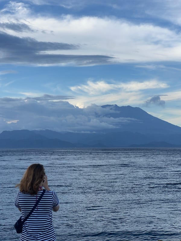 Woman observes serene waterside view in Kampung Toyapakeh