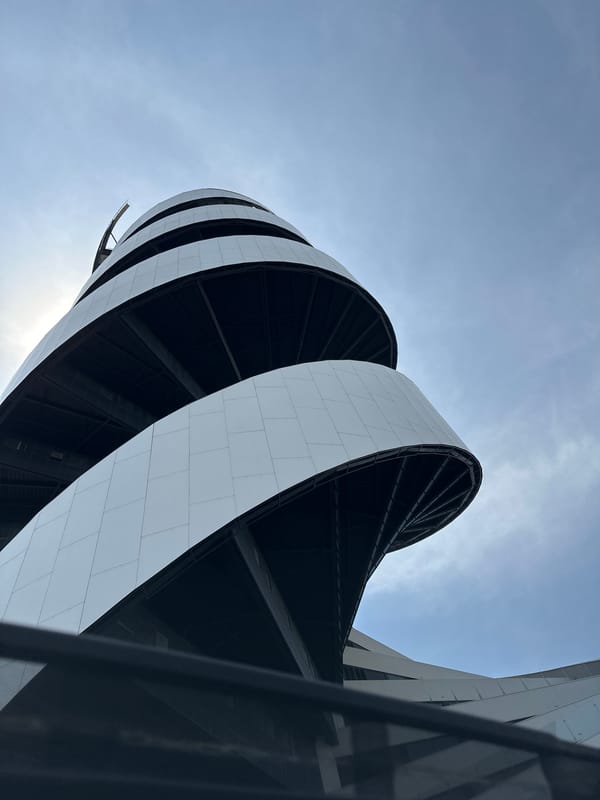 Modern spiral building photographed in San Bernardino Tlaxcalancingo
