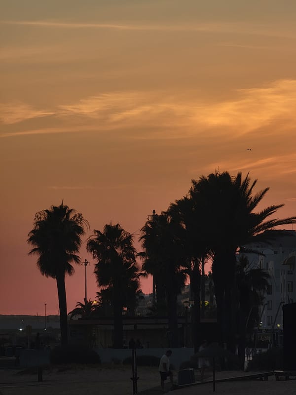 Quarteira beachfront promenade at golden hour, July 2026