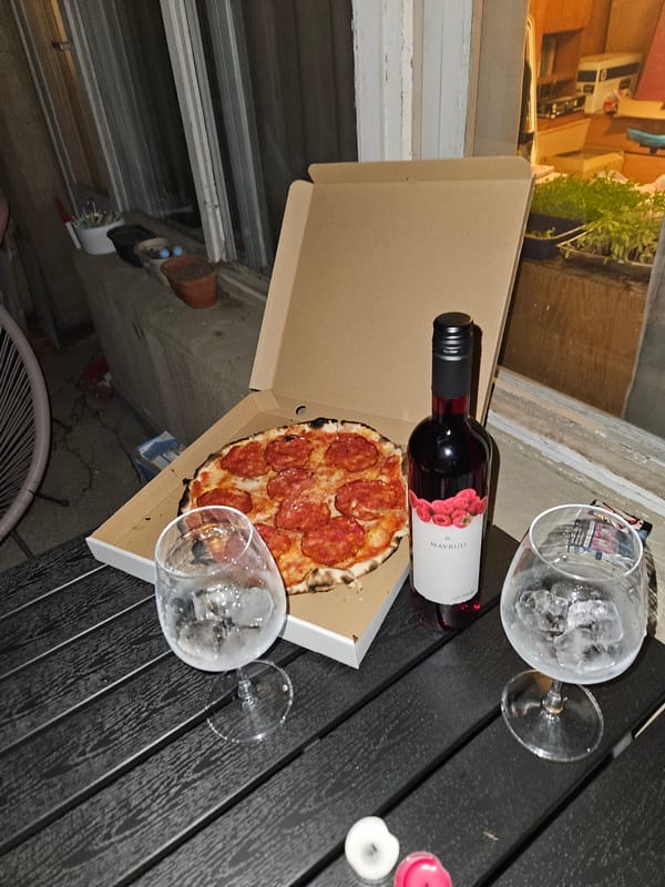 Outdoor pizza and wine dining captured in Sofia