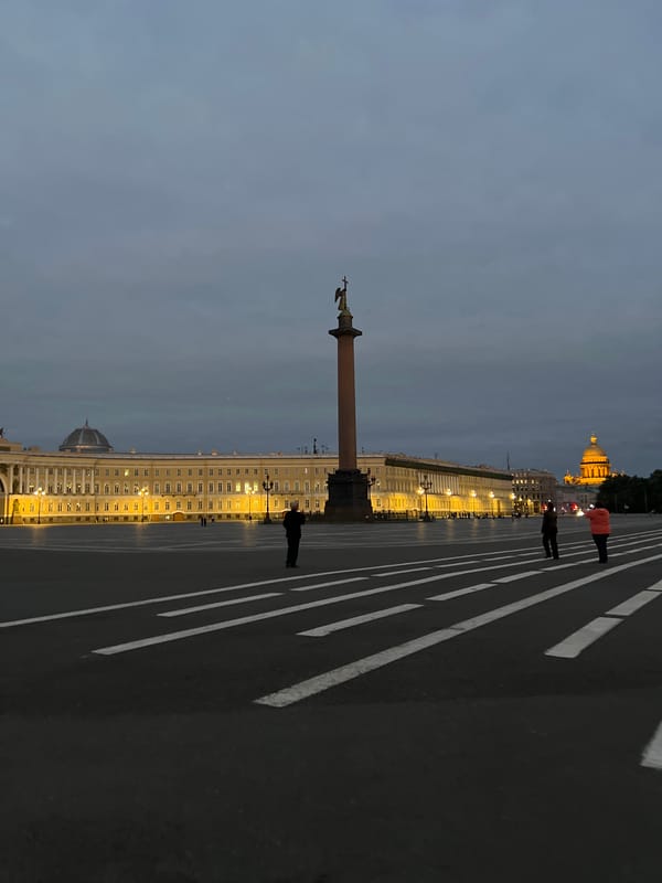 Palace Square at twilight, Saint Petersburg's landmarks glowing