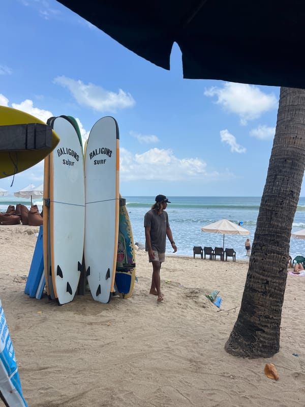 A busy morning on Kuta Beach with surfers and beachgoers