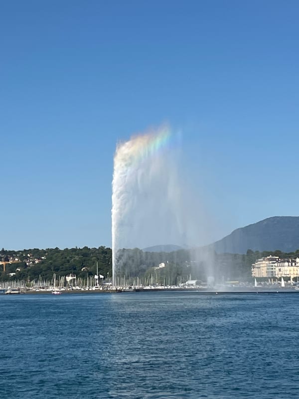 Sunny afternoon at Geneva's lakefront, Jet d'Eau in full spray