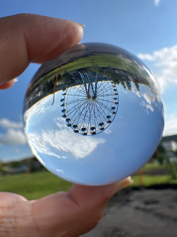 Sunny day at a fairground, Ferris wheel and glass sphere shots
