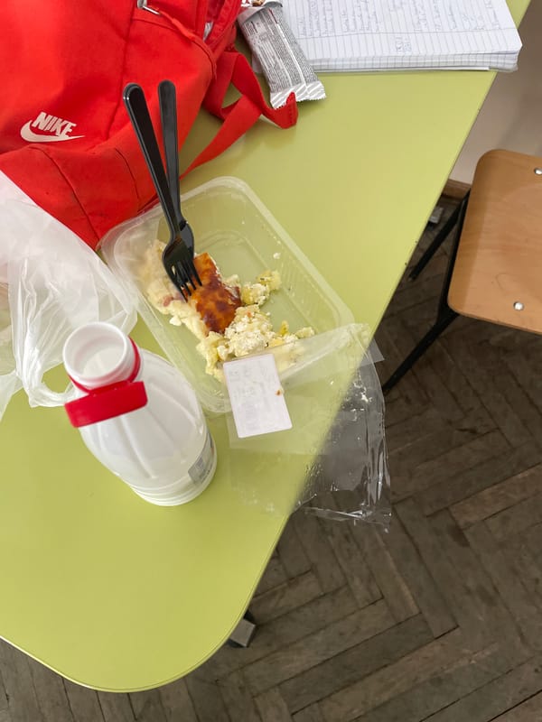 Student documents lunch break with fried chicken in Bulgarian classroom