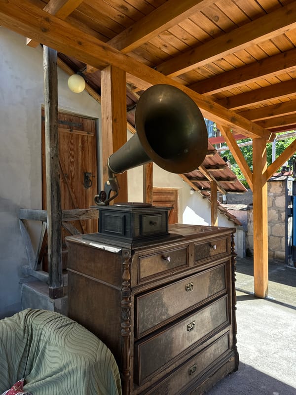 Morning terrace scenes with vintage gramophone in Dilijan, Armenia