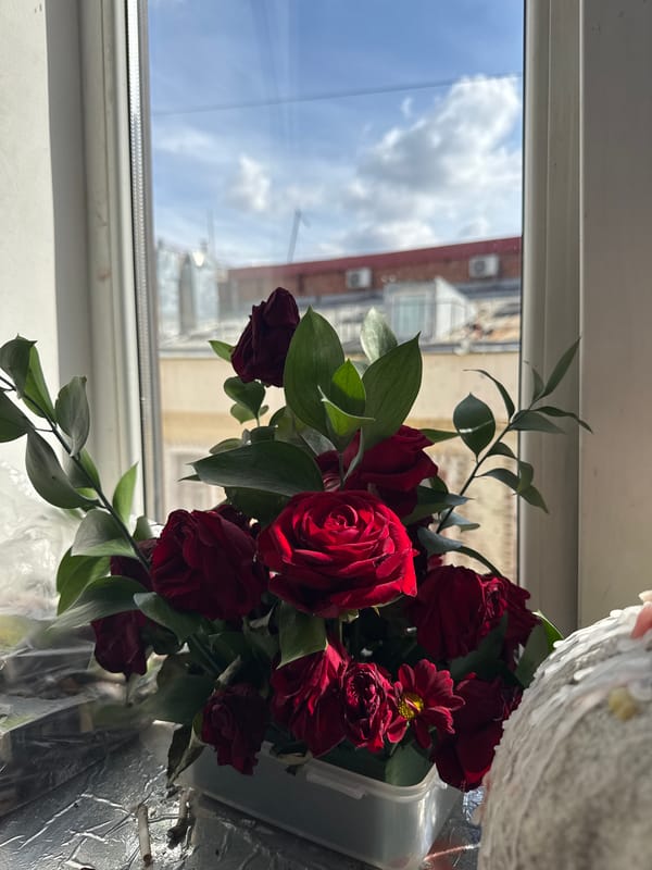 Red roses and chrysanthemums displayed by window in Moscow
