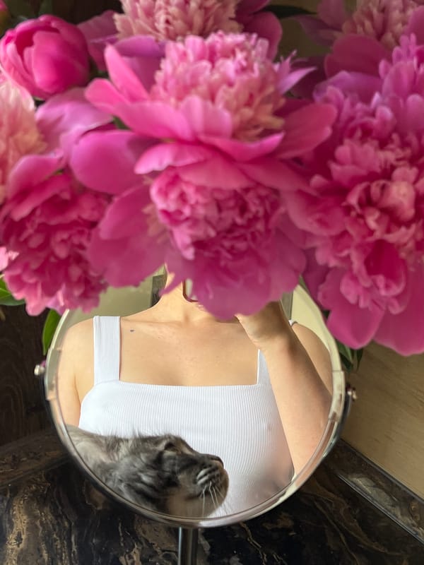 Woman documents quiet morning with cat and peonies in Ternopil