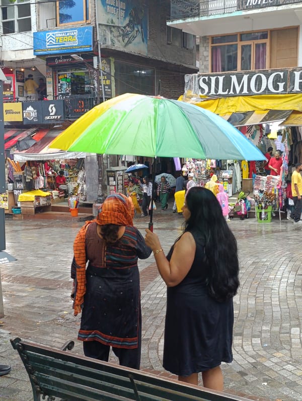 Rainy morning in Manali's market, umbrellas everywhere