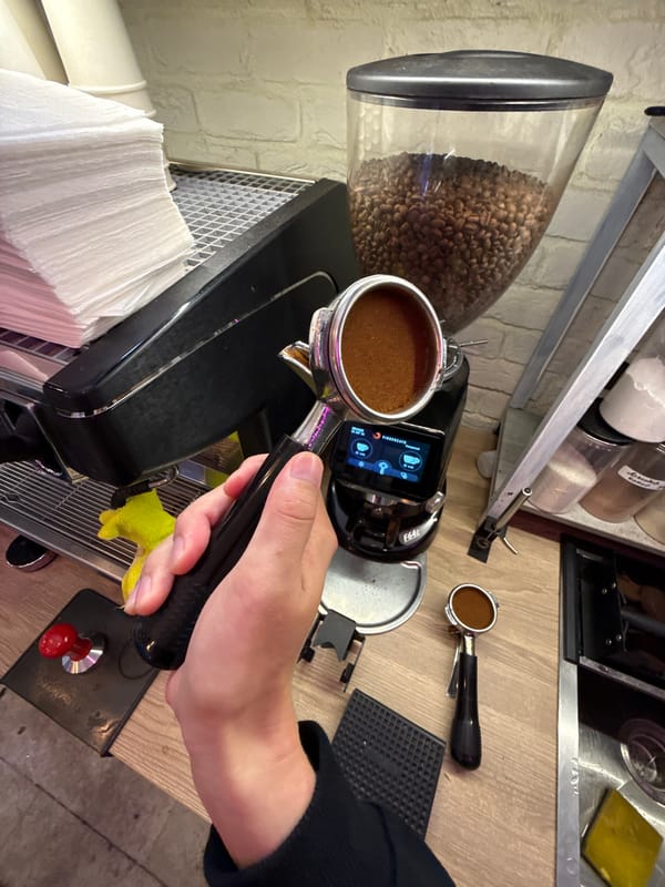 Espresso prep on a Moscow morning, portafilter and scale ready