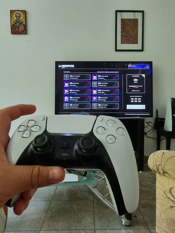 Playing Undisputed boxing on PS5 in a Sofia living room