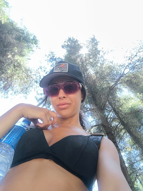Coastal pine road stop, summer beach day in progress