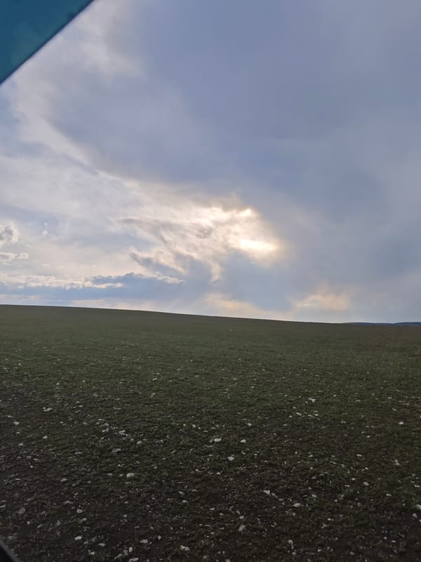 Cloudy skies over green fields documented near Yutsa, Russia