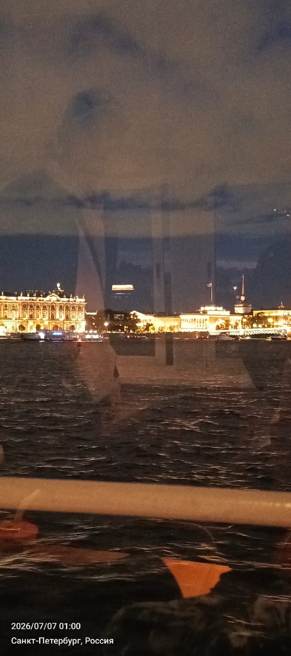 Saint Petersburg's iconic waterfront landmarks glow at night