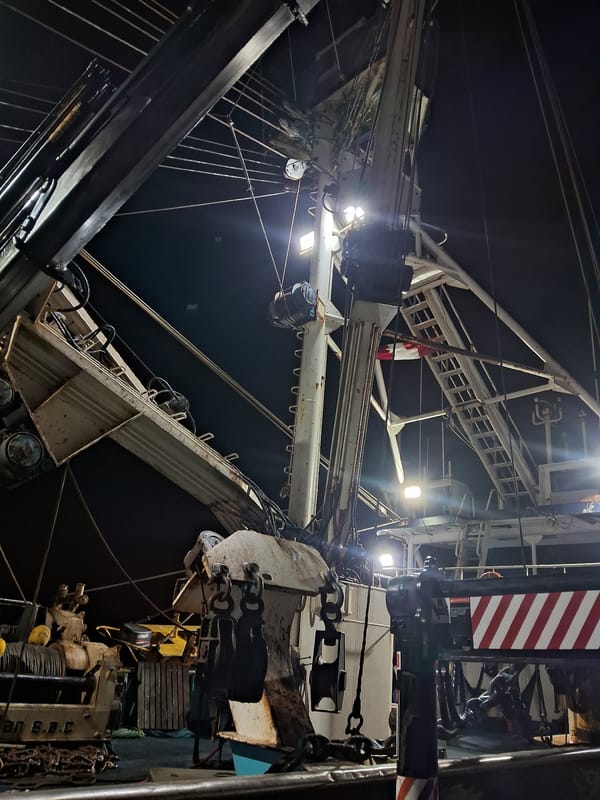 Night on a fishing trawler deck in Chimbote port