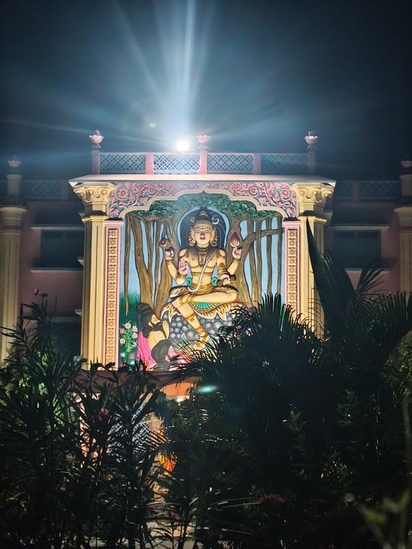 Evening illumination captured at Puttaparthi religious site