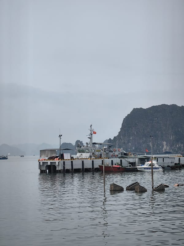 Tourist documents calm Ha Long Bay morning with Simpson memorabilia