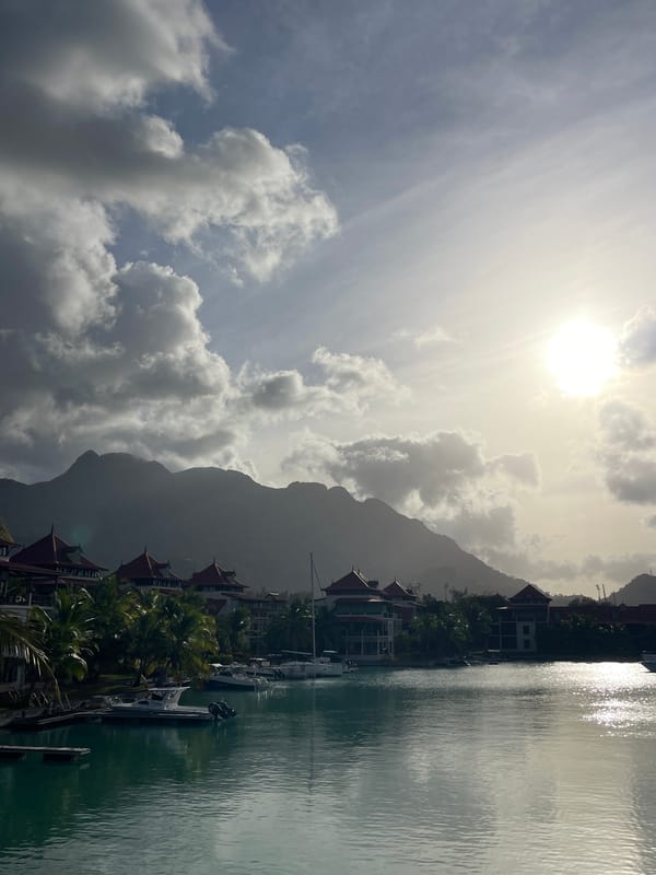 Calm turquoise harbor waters in Providence, Seychelles