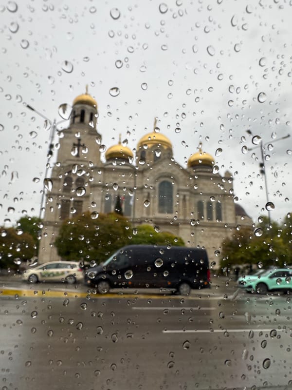 Rain falls over Varna cathedral district, Bulgaria