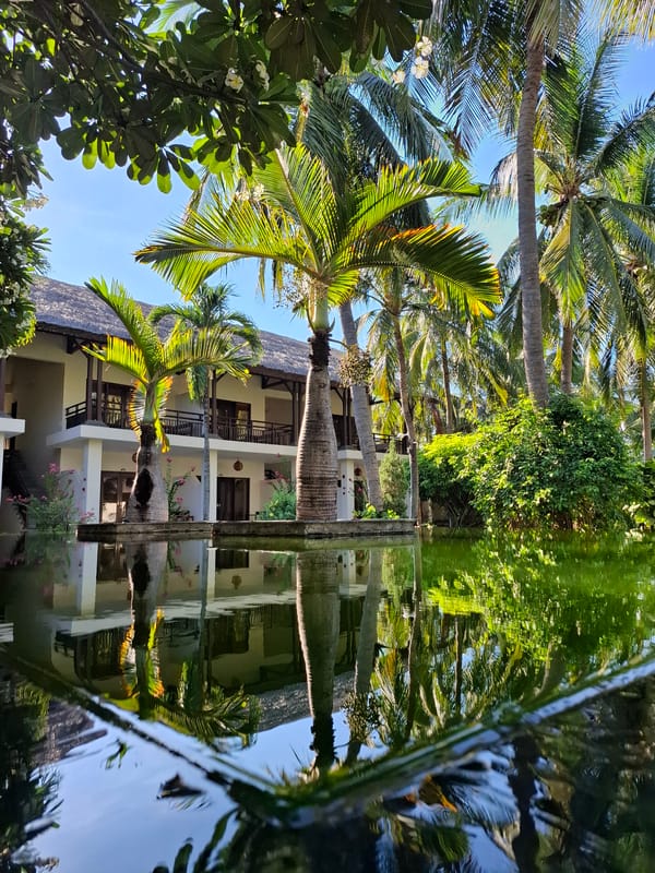 Morning at Vietnamese resort with pool scenes and beach construction