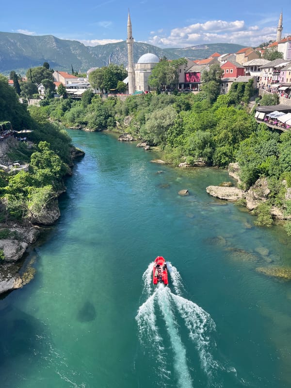 Tourist activity documented in historic Mostar, Bosnia Herzegovina