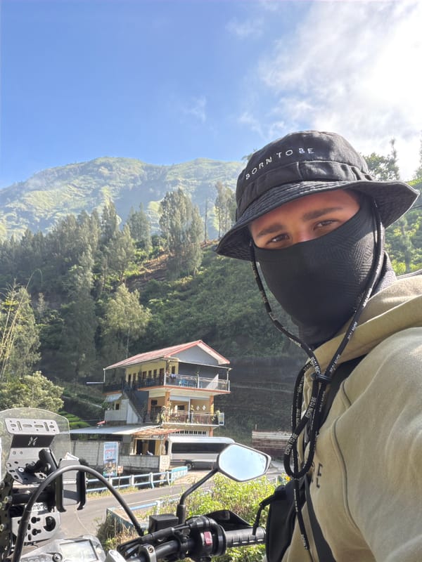 Roadside selfie stop along a mountain route in Wonokerto