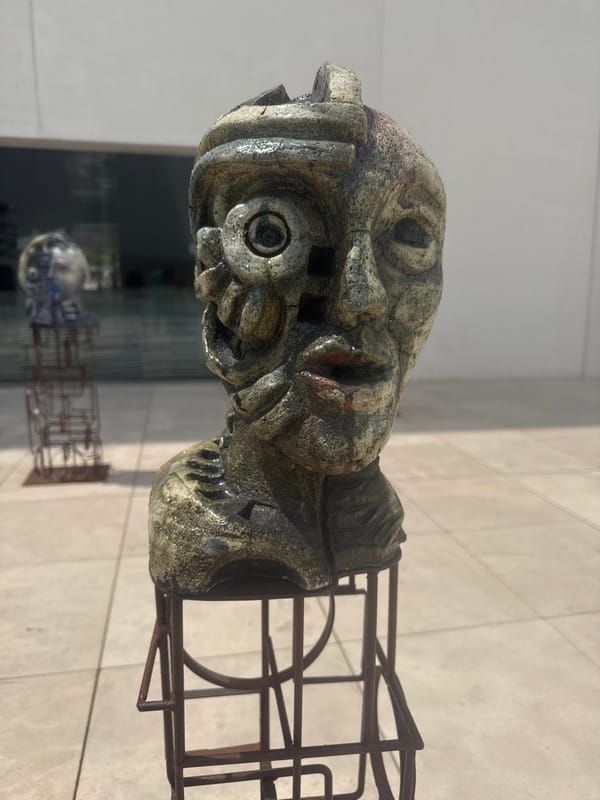 Art sculptures documented at modern building in Mexico