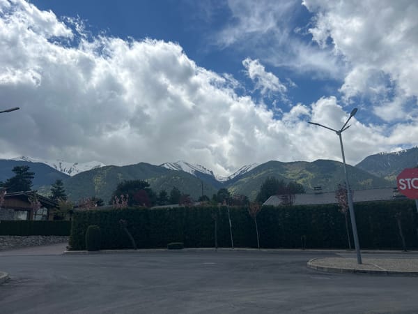 Bulgarian street scene shows snow-capped mountains under cloudy skies
