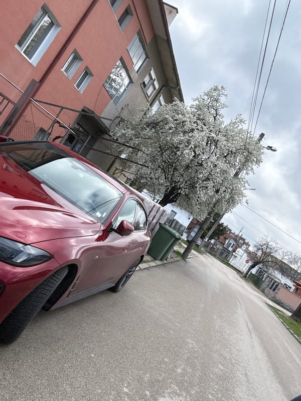 Red car parked on Vidin street amid spring scenery