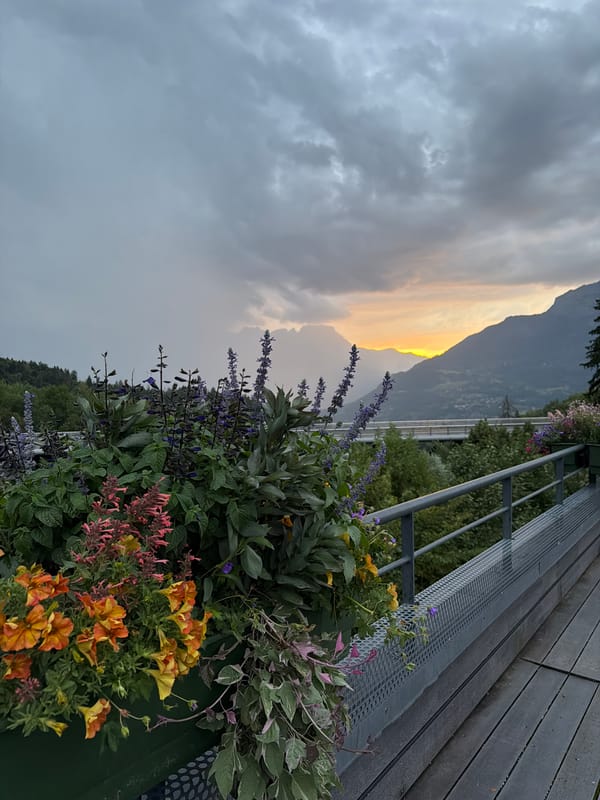 Saint-Gervais-les-Bains town and alpine surroundings on a stormy evening