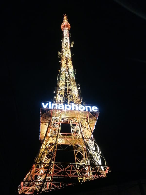 Da Lat's lit-up Vinaphone tower at night