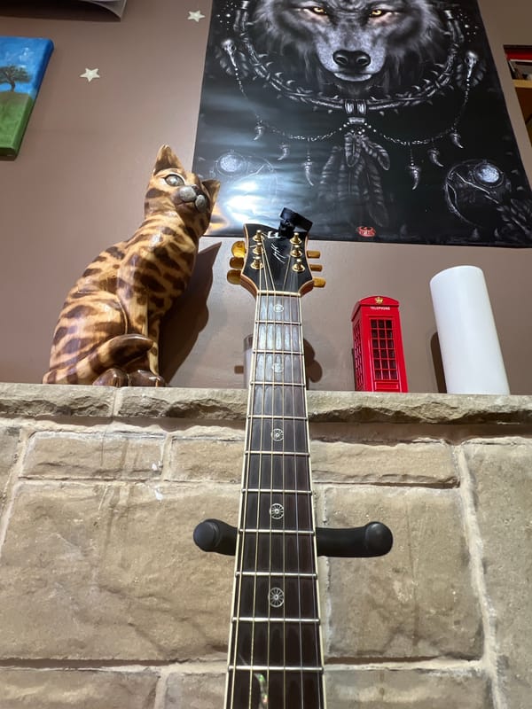 Acoustic guitar mounted on a brick fireplace at home
