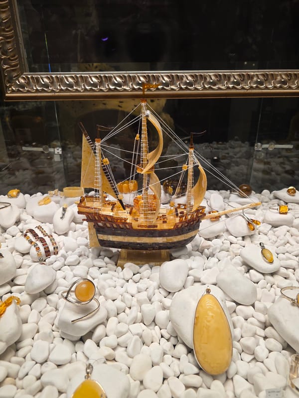 Warsaw amber shop displays documented during evening hours