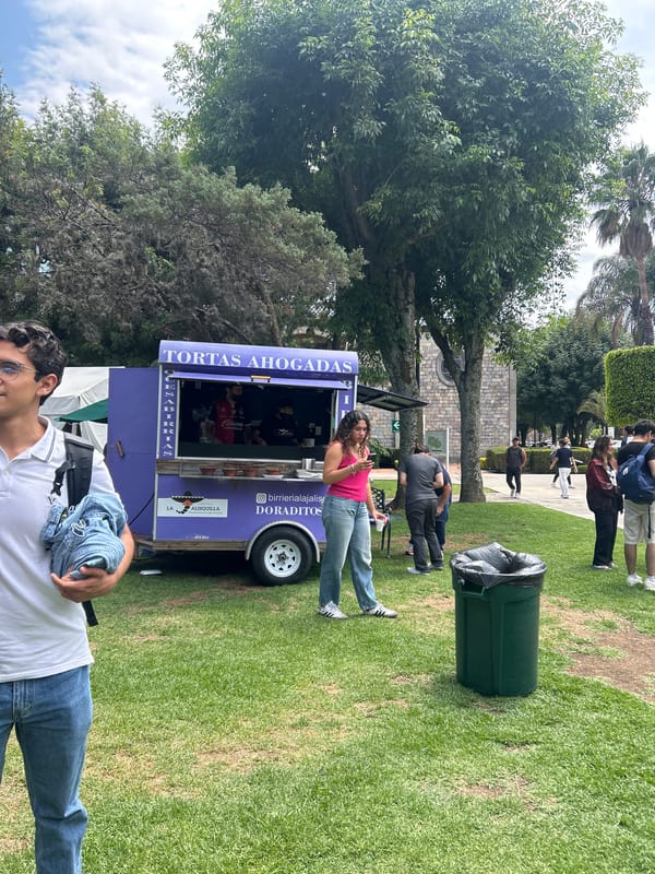 Food vendors serve customers amid blooming gardens and Jacaranda trees