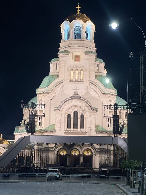 Alexander Nevsky Cathedral illuminated at night in Sofia