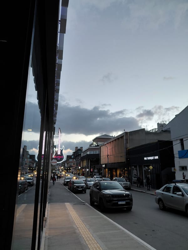 Evening street activity captured in Ushuaia, Argentina