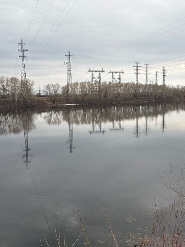 Upside-down river landscape with power lines captured in Chaikovsky