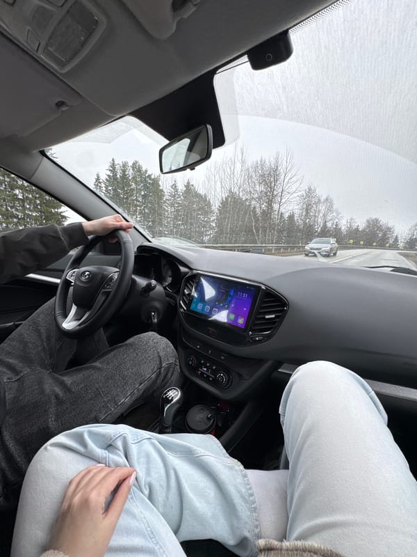 Car interior documented during morning drive near Kvarsa, Russia