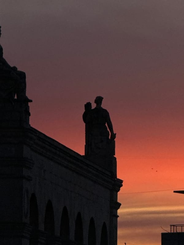 Moscow's Stalinist architecture photographed during April sunset