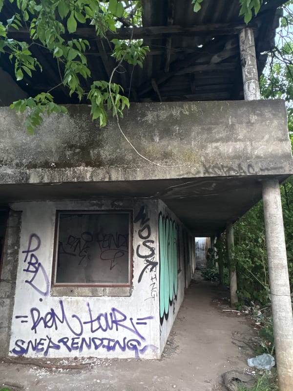 Graffiti-covered abandoned concrete structure documented in Podgorica passageway