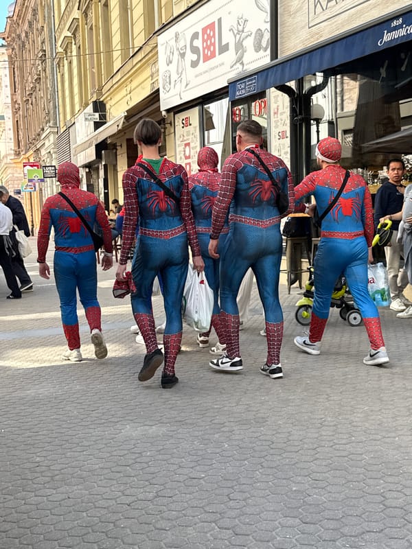Spider-Man costumed group spotted in Zagreb streets Friday afternoon