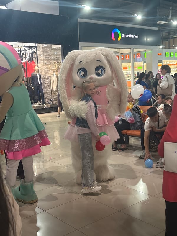 Costumed characters entertain children at Russian shopping malls