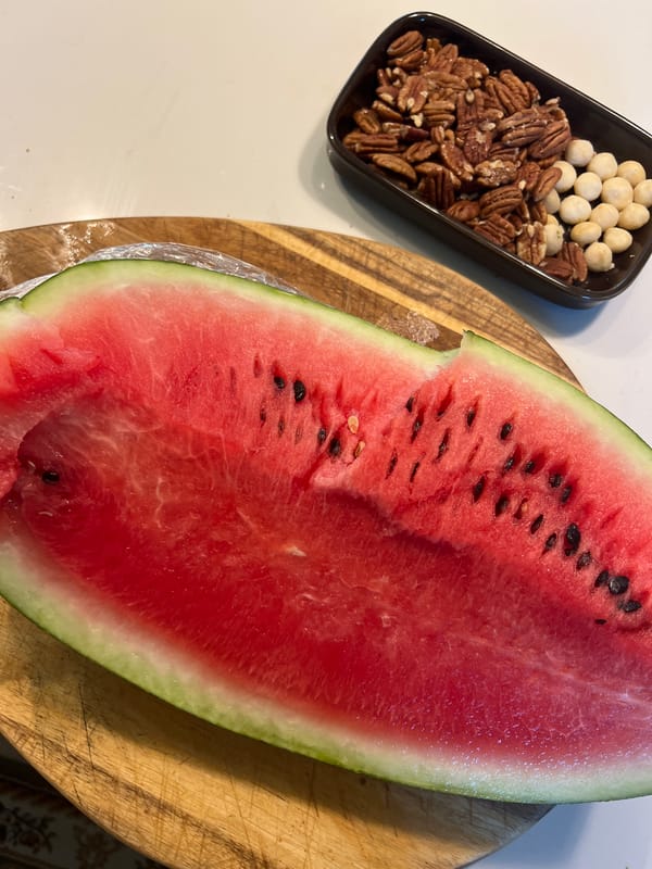 Sunny morning mowing and mountain views with fresh watermelon