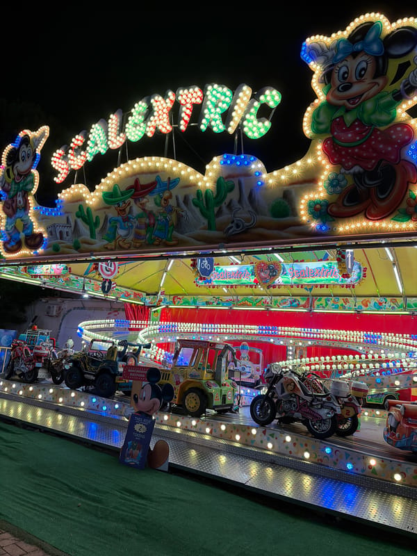 Colorful carnival ride lit up at night