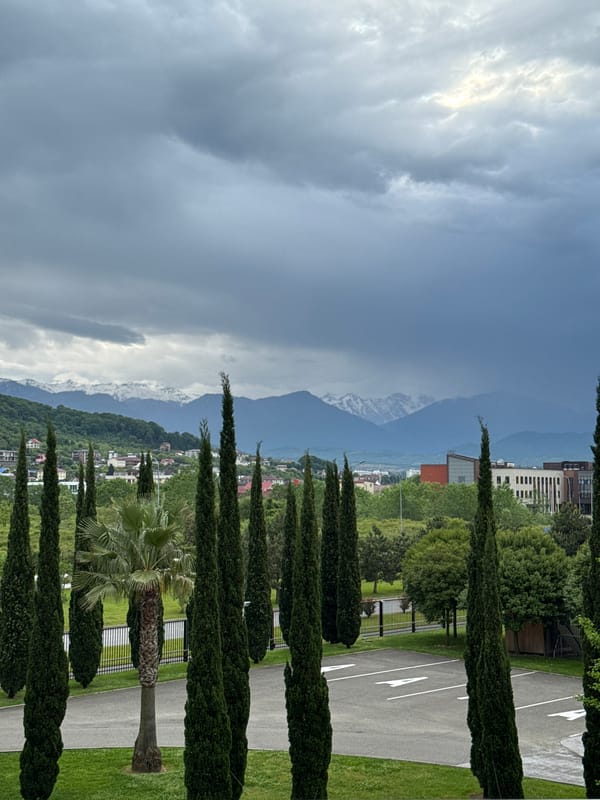 Woman waves from balcony overlooking Sochi mountain landscape
